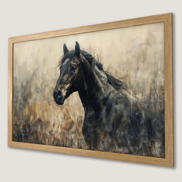 Framed Poster of a majestic horse in a painterly style, featuring a neutral, earthy color palette.