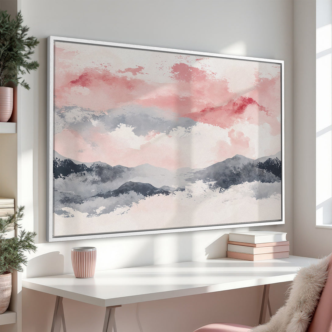 Framed Wall Art featuring an abstract mountain landscape in a soft pink and gray color palette. Perfect for adding a touch of modern elegance to any space.