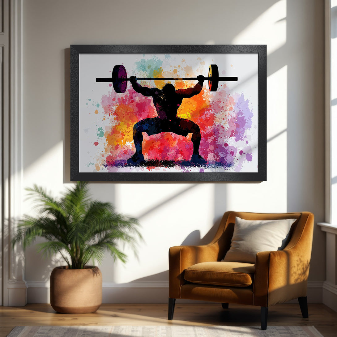 Framed Poster featuring a weightlifter silhouette with a vibrant watercolor effect. Bold colors of red, orange, and purple. Perfect gym decor!