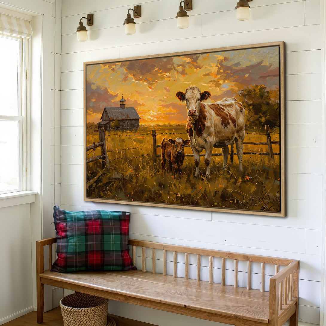 Framed Wall Art: Rustic cow painting in warm sunset hues. Farmhouse style canvas print adds cozy charm to any space.