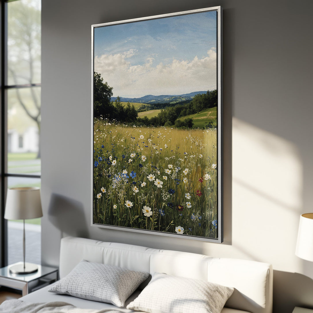 Framed Wall Art: Serene landscape Canvas Print featuring a vibrant meadow scene with blue, white, and green hues. Bring nature's beauty into your home!