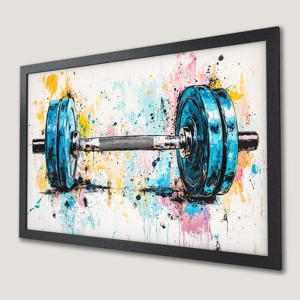 Framed Poster of a dumbbell in watercolor style with blue, yellow, pink, and black accents. Perfect for your home gym!