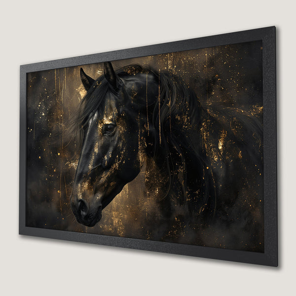 Framed Poster: Majestic black horse art print with gold accents. Elegant, modern decor in black and gold color palette.