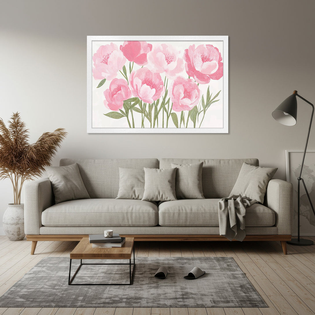 Framed Poster featuring watercolor pink peony flowers, perfect for adding a touch of floral elegance to your home decor.