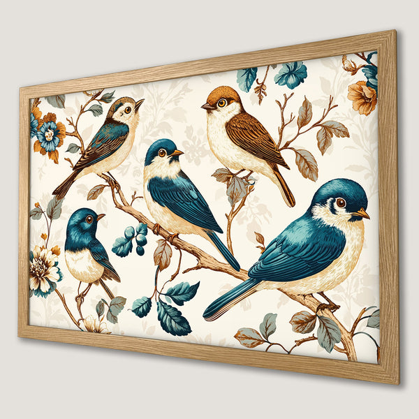 Framed Poster featuring birds on branches, vintage style, with a teal, brown, and cream color palette. Perfect wall art!