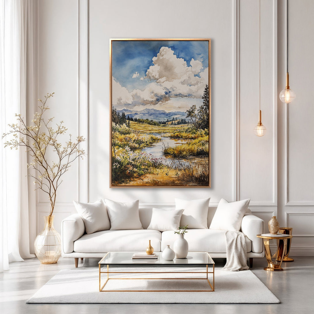 Framed Wall Art: Watercolor landscape painting in a modern living room. Features a serene nature scene with blue, green, and golden hues. Perfect for home decor.