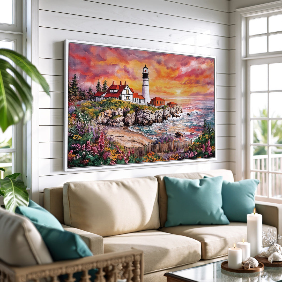 Framed Wall Art: Lighthouse painting with vibrant sunset colors. Coastal artwork in warm red, orange, and blue tones. Perfect for living room decor.
