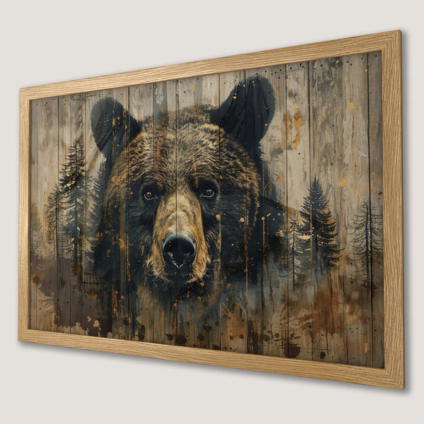 Framed Poster featuring a majestic bear in a rustic, watercolor style with a brown and neutral color palette. Perfect wall art!