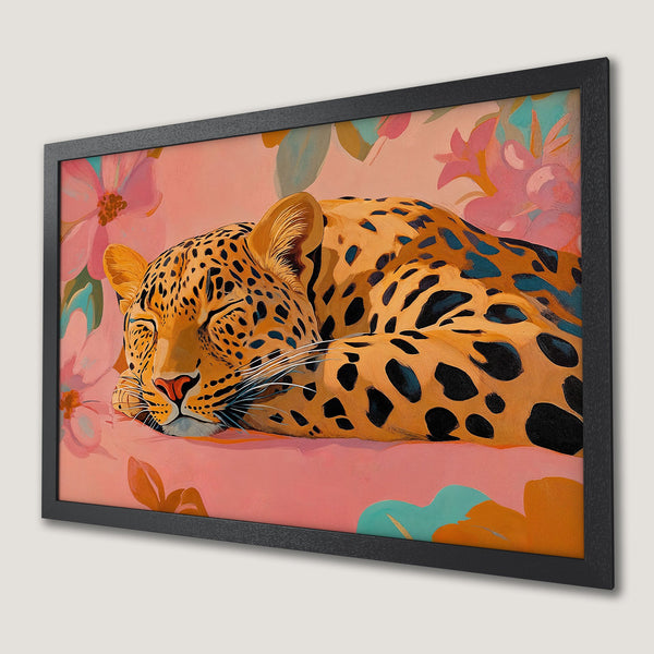Framed Poster featuring a sleeping leopard in a vibrant, artistic style with a warm pink and orange color palette. Perfect wall art!