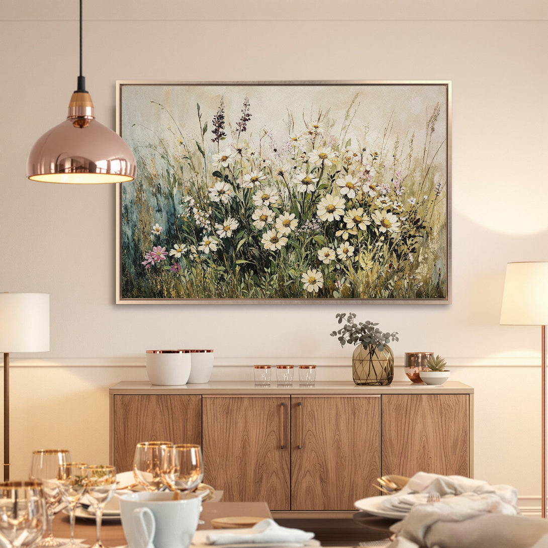 Framed Wall Art of wildflowers in a soft, impressionistic style. Neutral color palette with pops of green and pink. Perfect for adding a touch of nature.