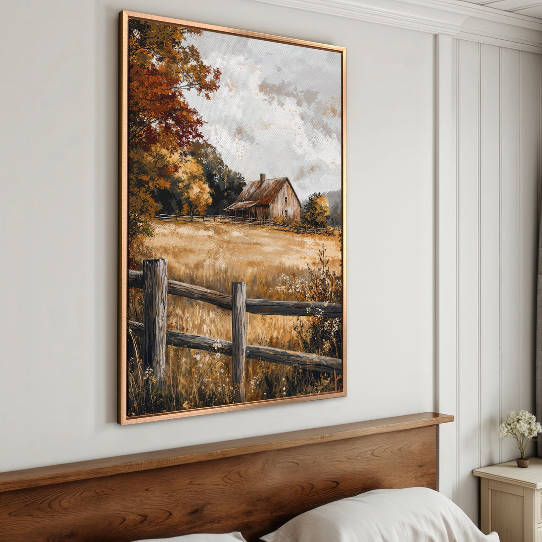 Framed Wall Art: Rustic landscape Canvas Print with a barn, fence, and warm autumn color palette. Perfect for farmhouse decor.