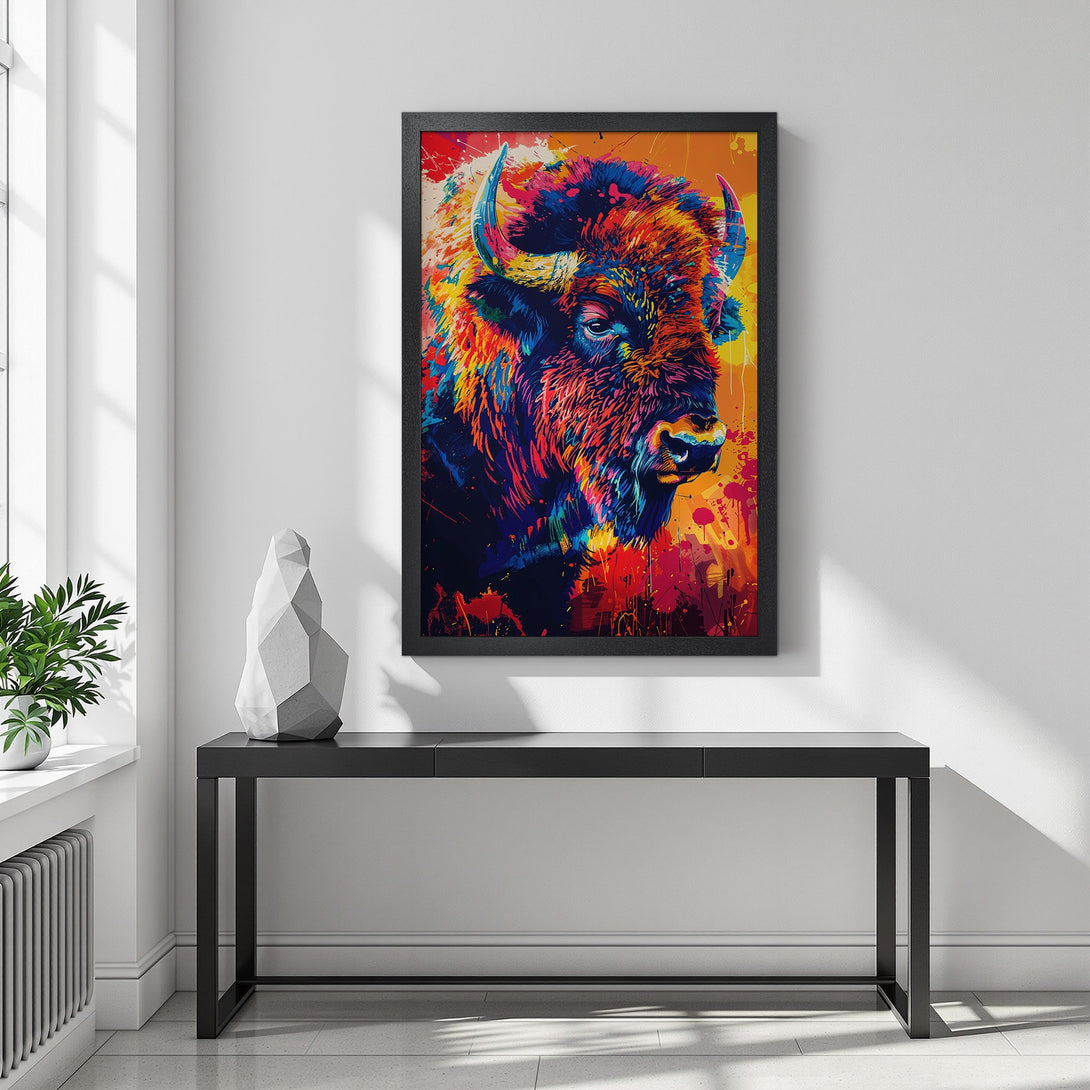 Framed Poster of a vibrant bison, pop art style, colorful palette of blues, oranges, and reds. Perfect wall art!