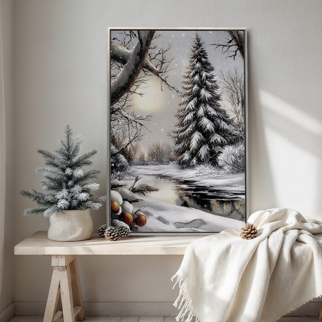 Framed Wall Art: Winter landscape Canvas Print in neutral tones. Snowy scene with river & trees, perfect for cozy home decor. Shop now!
