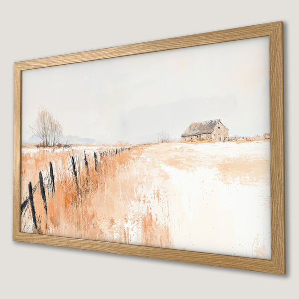 Framed Poster of a watercolor landscape with a barn in a warm neutral color palette. Perfect wall art!