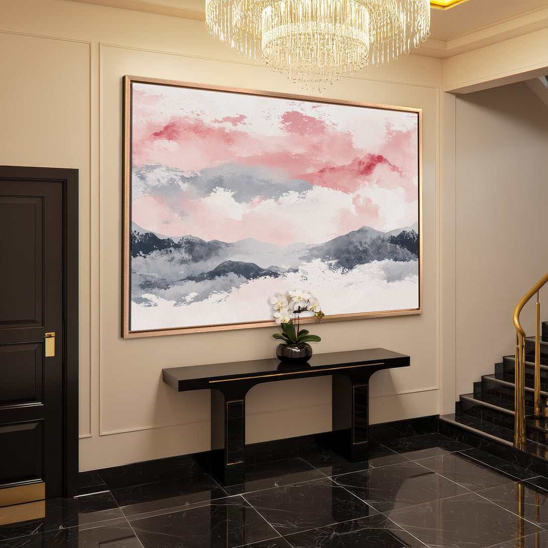 Framed Wall Art: Abstract landscape Canvas Print in pink, gray, and white. Modern art for a stylish interior. Shop now and elevate your space!