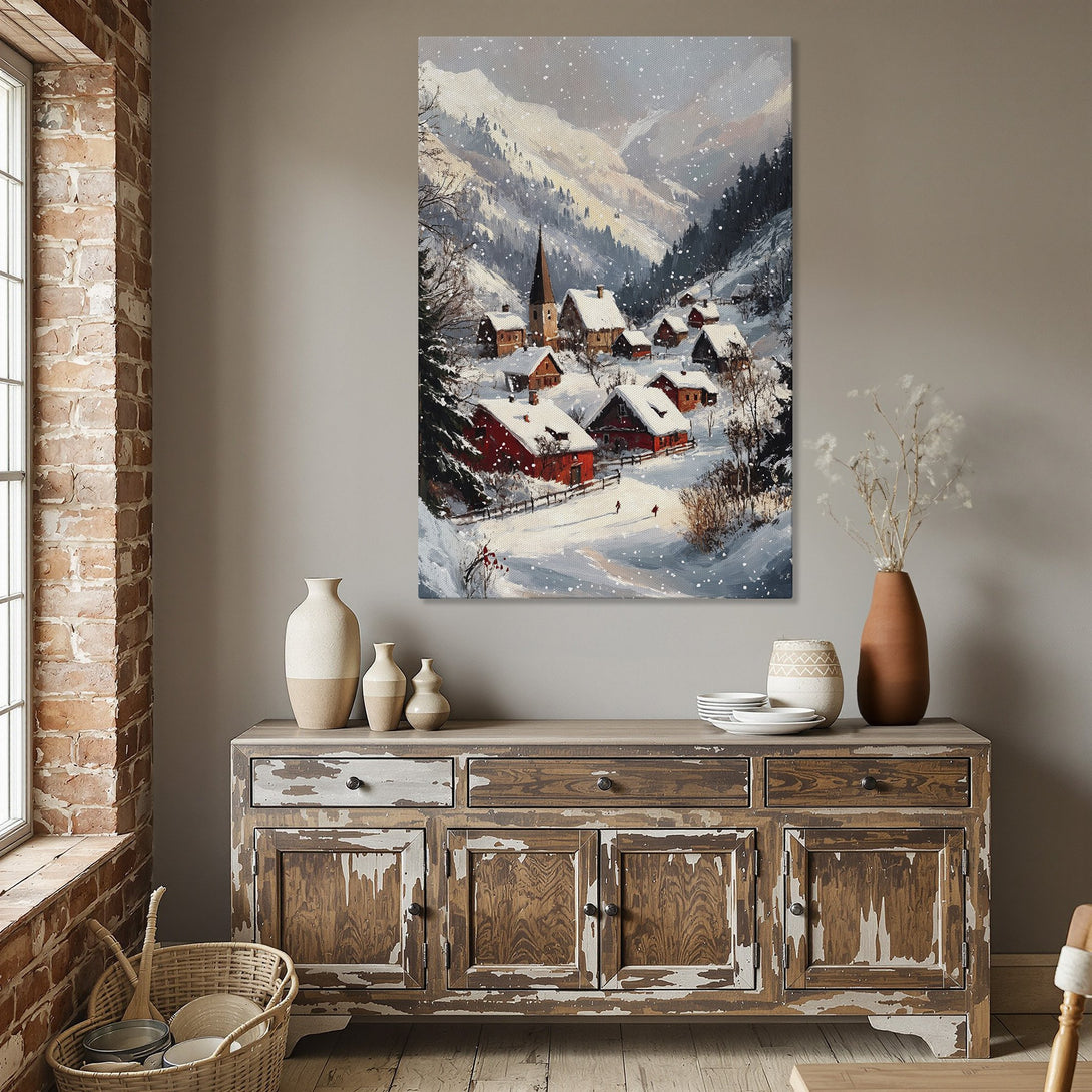 Framed Wall Art: Winter village scene Canvas Print with red roofs, snowy mountains, and a cozy, warm color palette. Perfect for adding charm to any room!