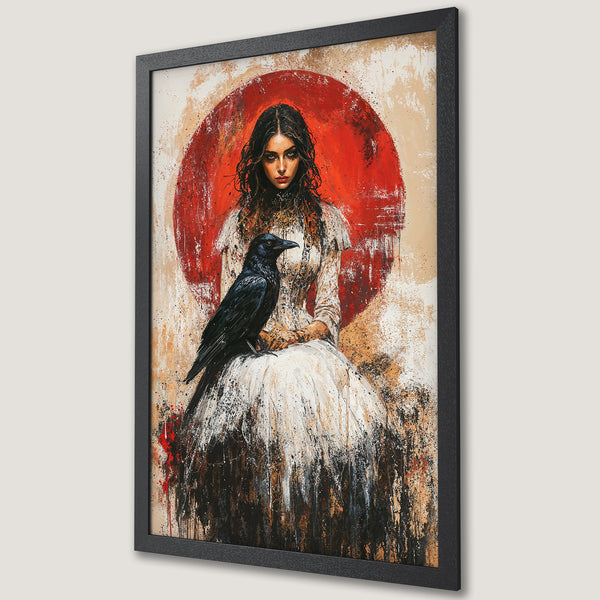 Framed Poster featuring a woman with a raven, abstract style, red, black, and beige color palette. Add a touch of mystery to your space!