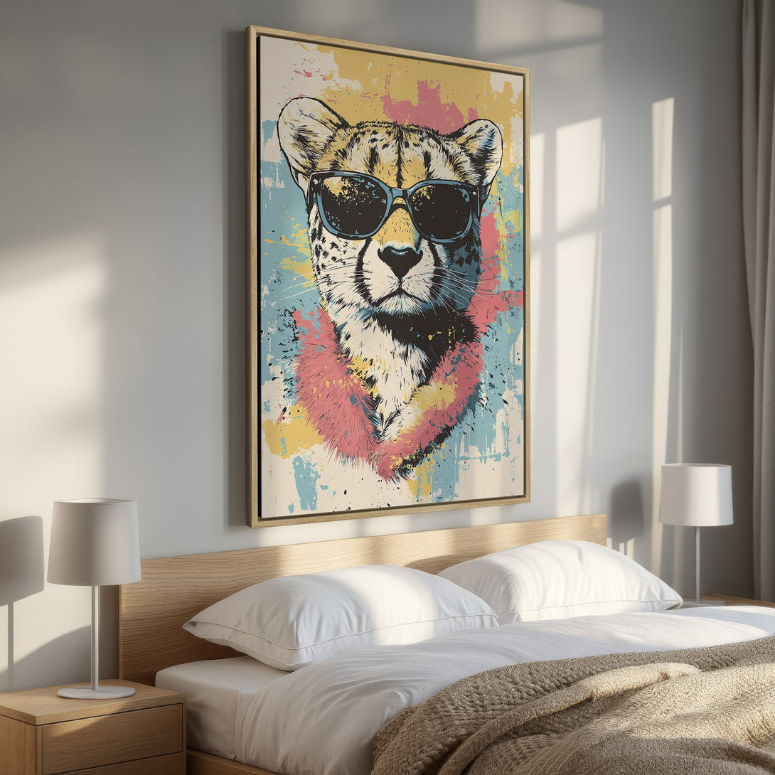 Framed Wall Art: Cool cheetah wearing sunglasses in a pop art style, with a colorful palette of blue, yellow, pink, and black. Perfect bedroom decor!