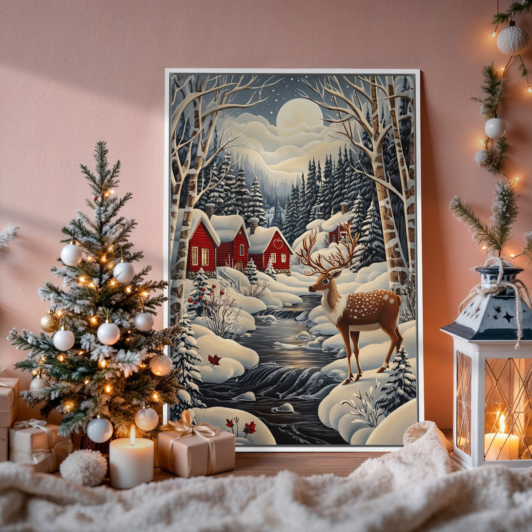 Framed Wall Art: Winter landscape with deer, red cabins, and snowy forest. Cozy, illustrated style with cool blues, whites, and pops of red. Perfect holiday decor!