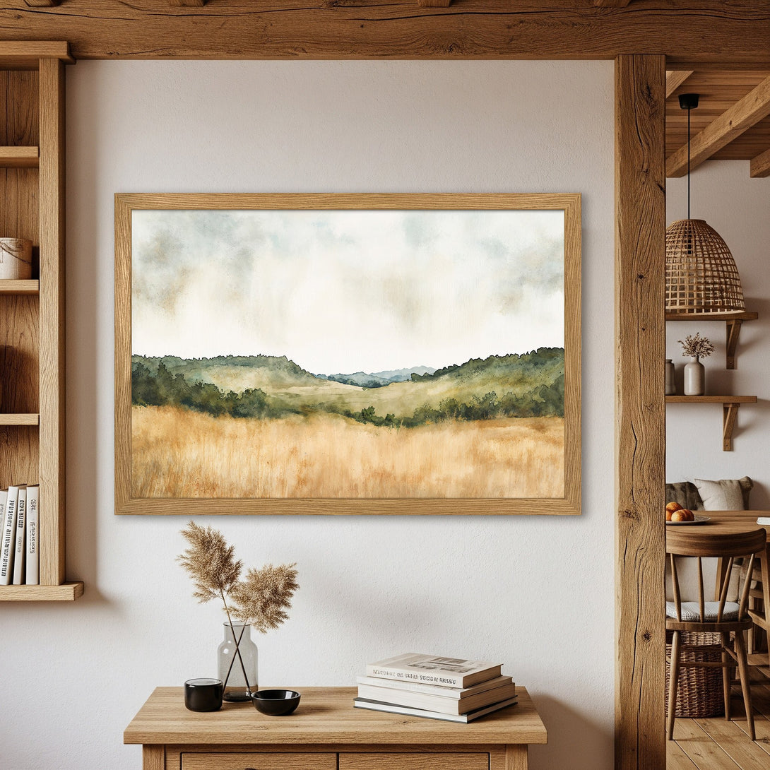 Framed Poster of a watercolor landscape in warm earth tones. Rustic style art print for home decor.