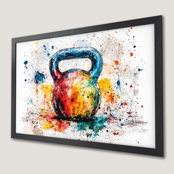 Framed Poster featuring a colorful watercolor kettlebell. Vibrant fitness art with a splash of color for your home gym.