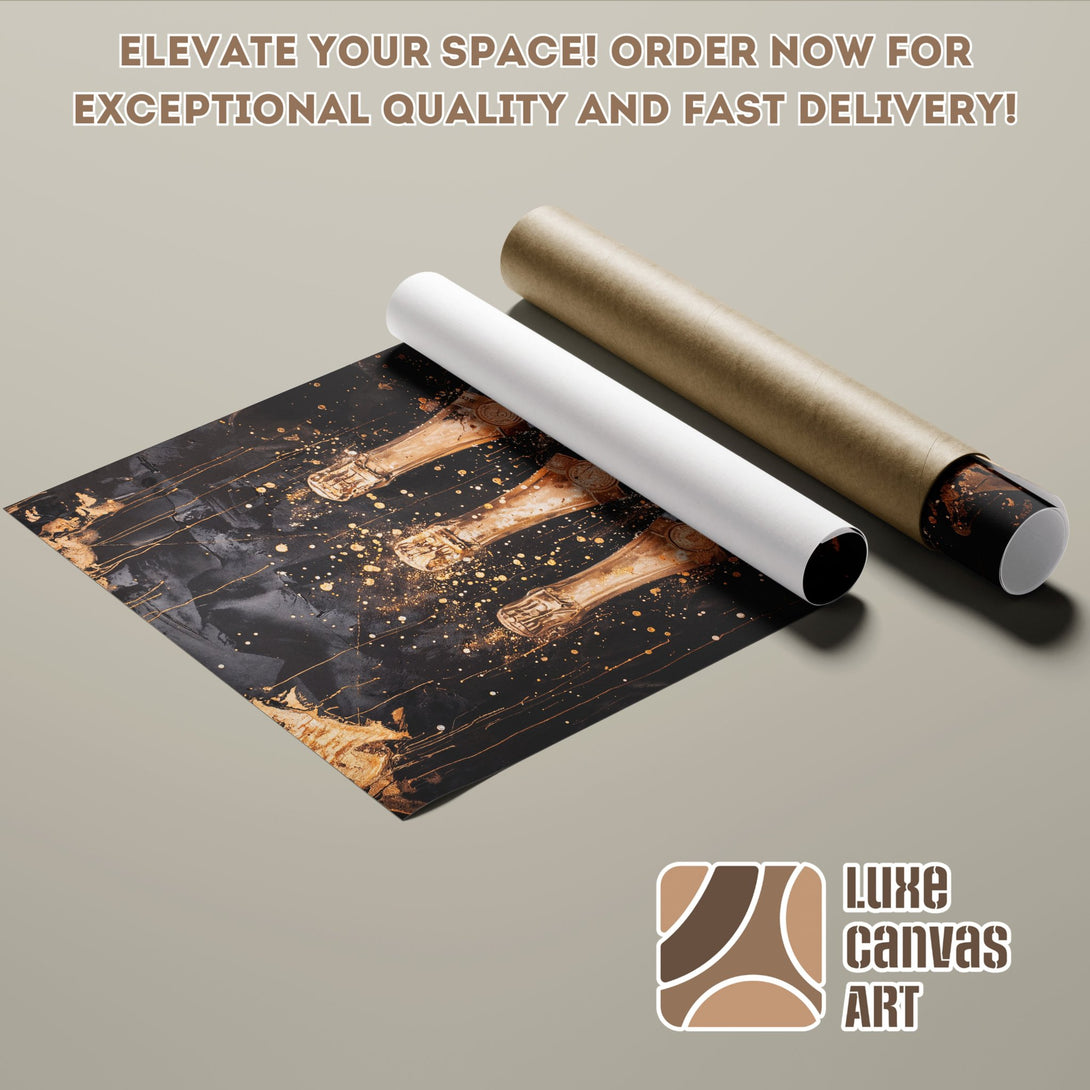 Champagne bottle Poster Roll art, black & gold abstract design, luxurious home decor.