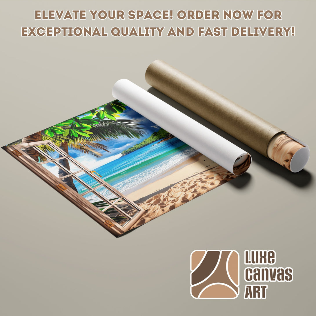 Beach scene Poster Roll, vibrant colors, tropical style, perfect for home decor.