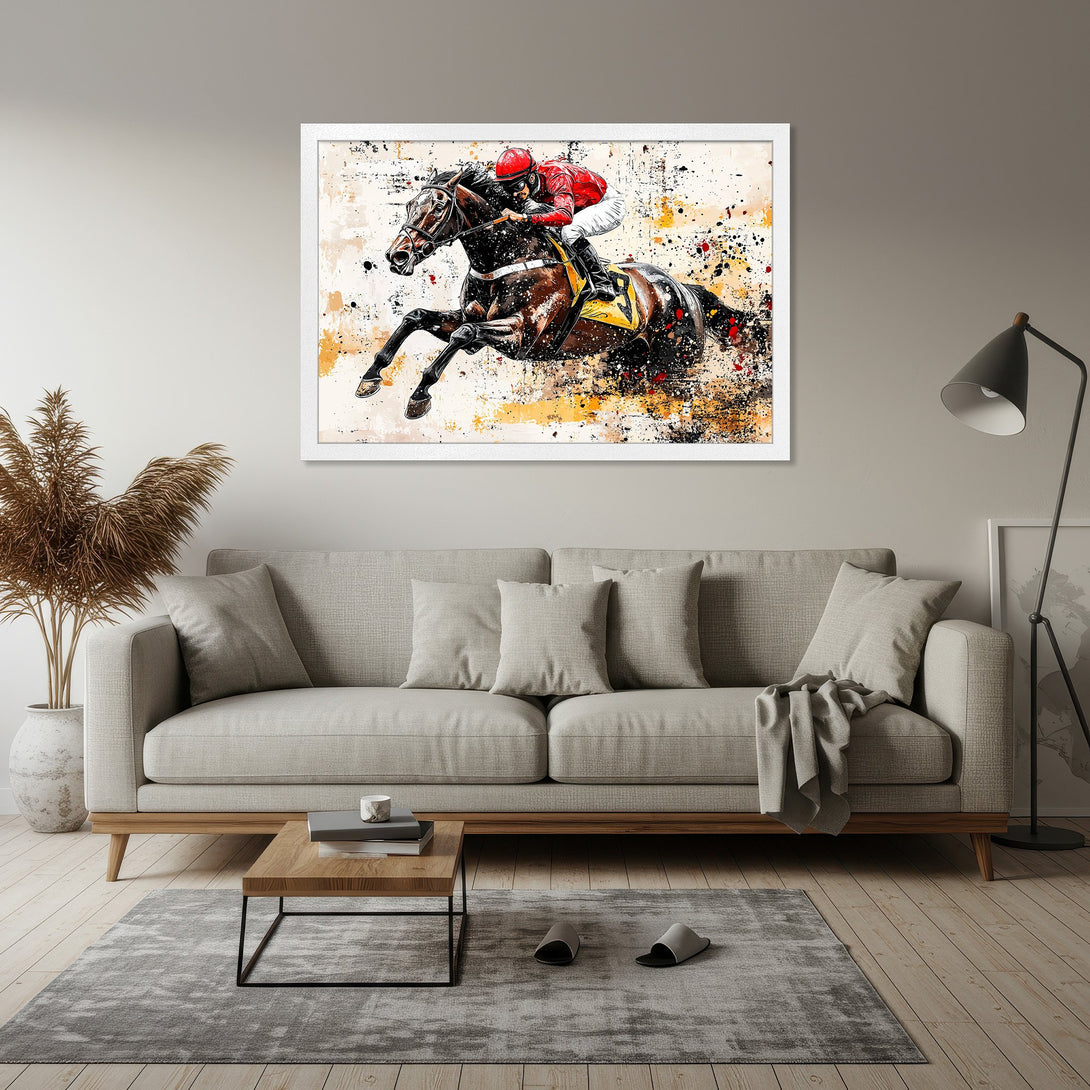 Framed Poster of a horse race in an abstract style, featuring a jockey. The color palette includes red, black, and yellow.