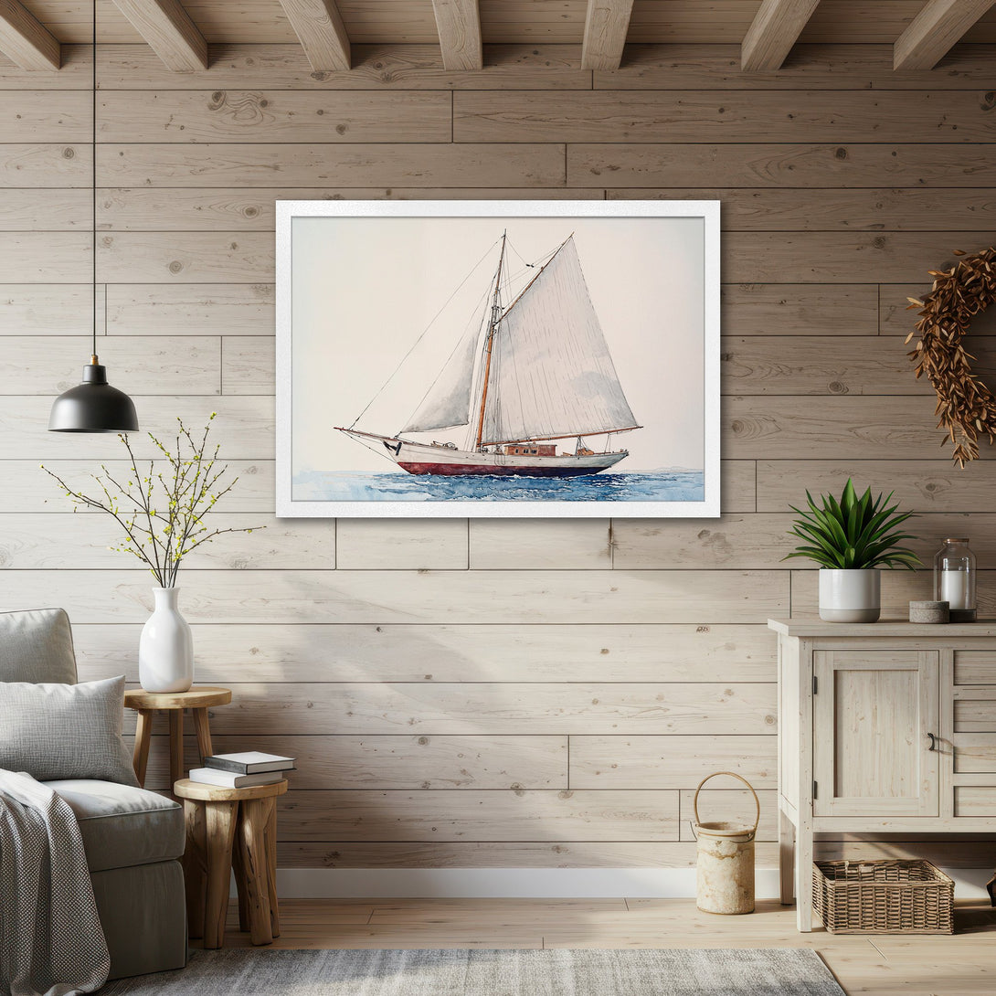 Framed Poster featuring a watercolor sailboat, soft blues and whites, perfect for coastal decor.