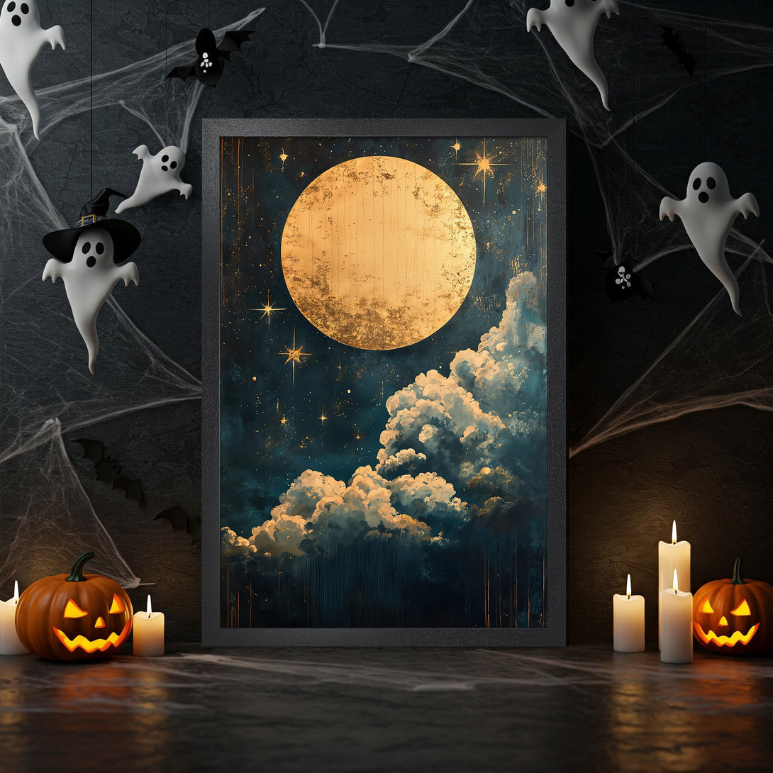 Framed Poster featuring a golden moon & starry night sky, perfect for Halloween decor. Dark blue & gold color palette.