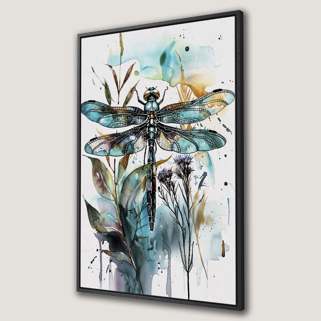 Framed Wall Art featuring a watercolor dragonfly with blue, green, and gold hues. Adds a touch of nature-inspired art to any space.