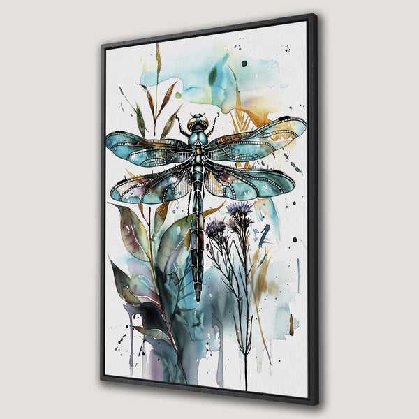 Framed Wall Art featuring a watercolor dragonfly with blue, green, and gold hues. Adds a touch of nature-inspired art to any space.
