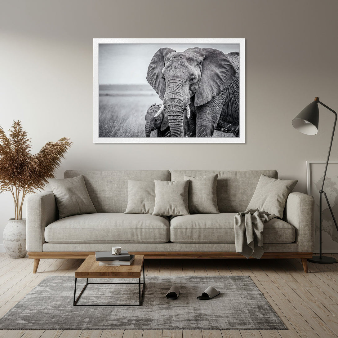 Framed Poster featuring a majestic elephant in black and white, perfect for adding a touch of nature and elegance to your home decor.