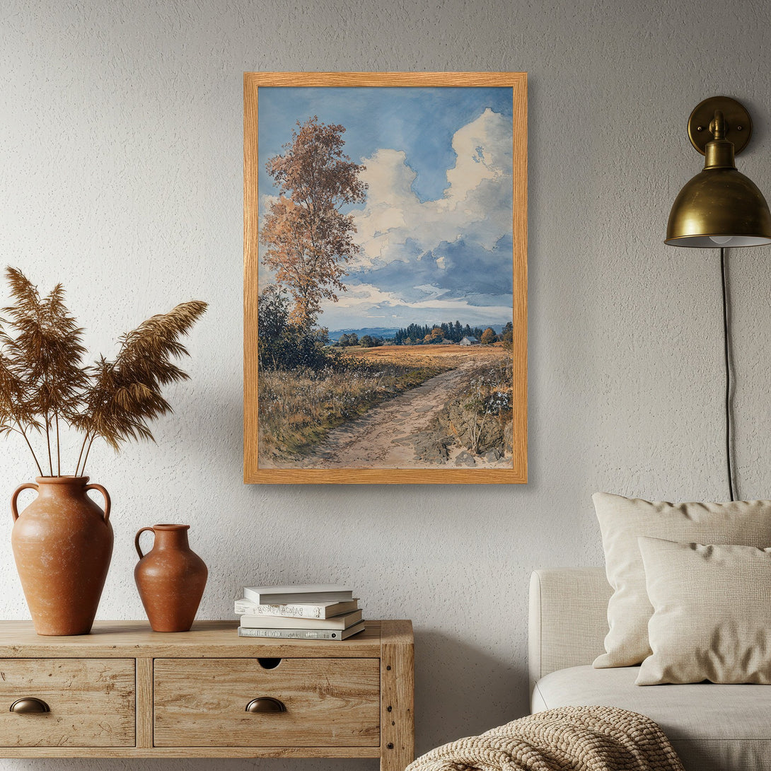 Framed Poster featuring a watercolor landscape with a blue sky, earth tones, and a rustic style. Perfect wall art!