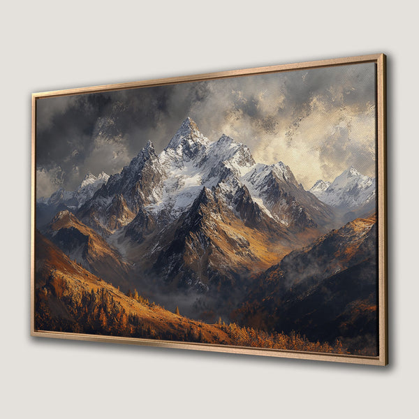 Framed Wall Art of a majestic mountain landscape with snow-capped peaks. Warm, earthy tones and dramatic skies create a stunning Canvas Print for any room.