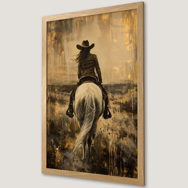 Framed Poster: Cowgirl on Horseback Art Print, abstract style with gold, black, and tan color palette. Western wall decor.
