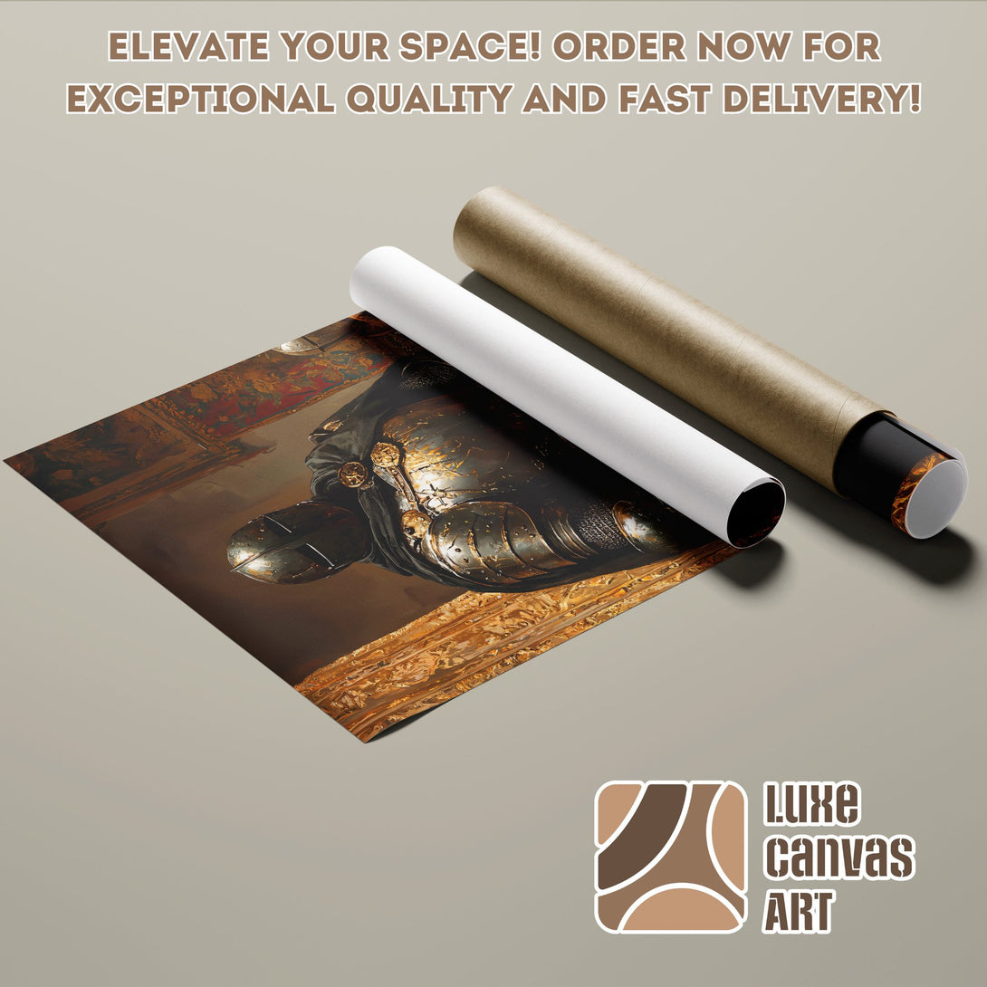Poster Roll featuring a knight in armor, classic art style, warm gold and brown tones. Elevate your space!