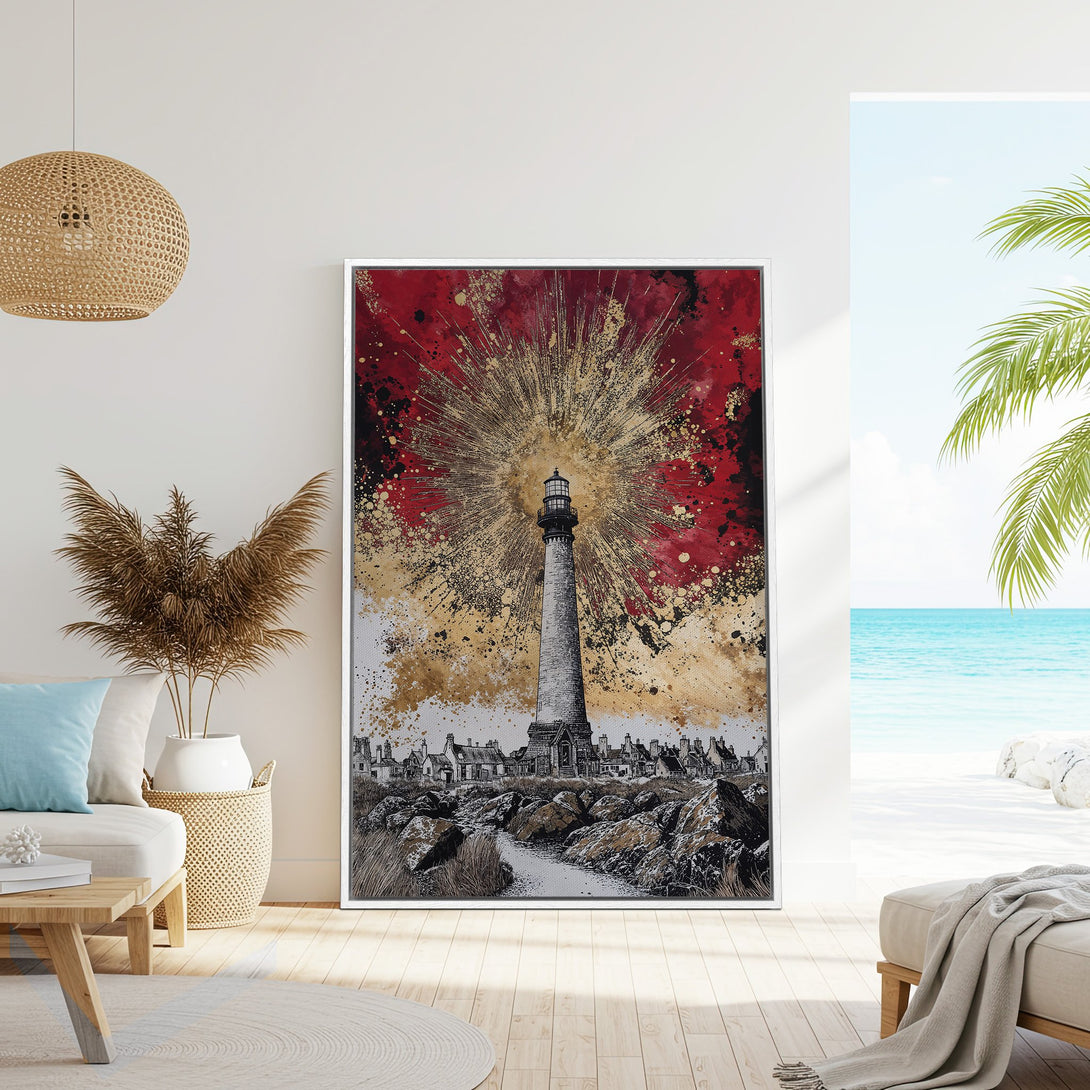 Framed Wall Art featuring a lighthouse with a red and gold abstract background. Coastal style art with a striking color palette.