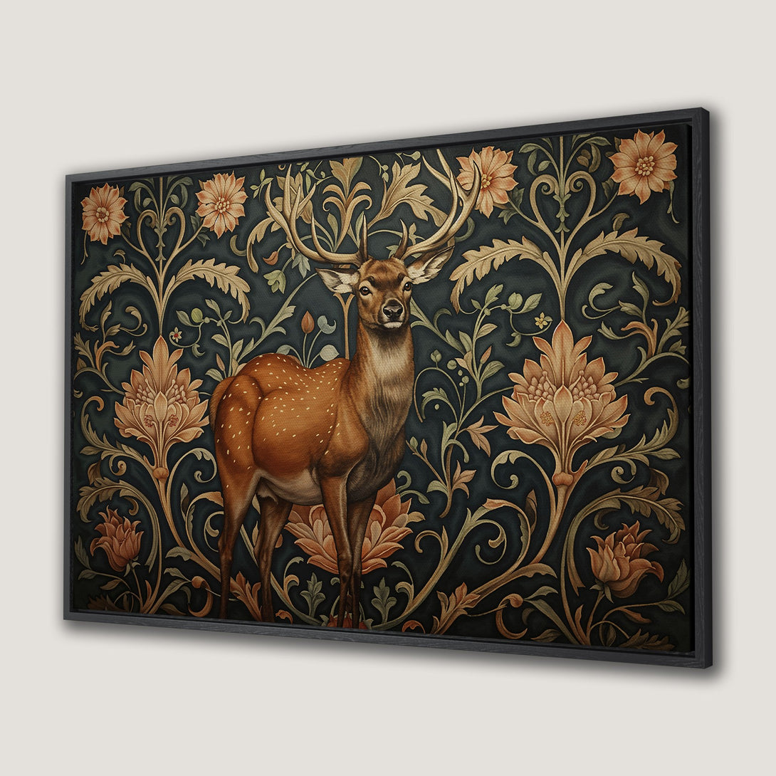 Framed Wall Art featuring a majestic deer against a floral, Art Nouveau-style background in rich teal, gold, and brown tones.