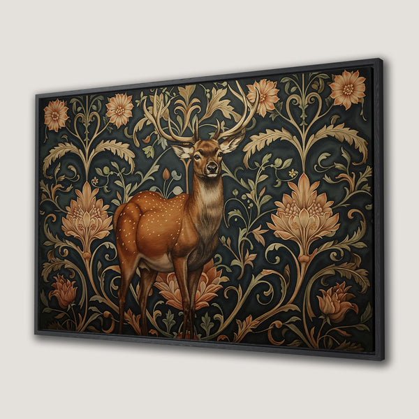 Framed Wall Art featuring a majestic deer against a floral, Art Nouveau-style background in rich teal, gold, and brown tones.