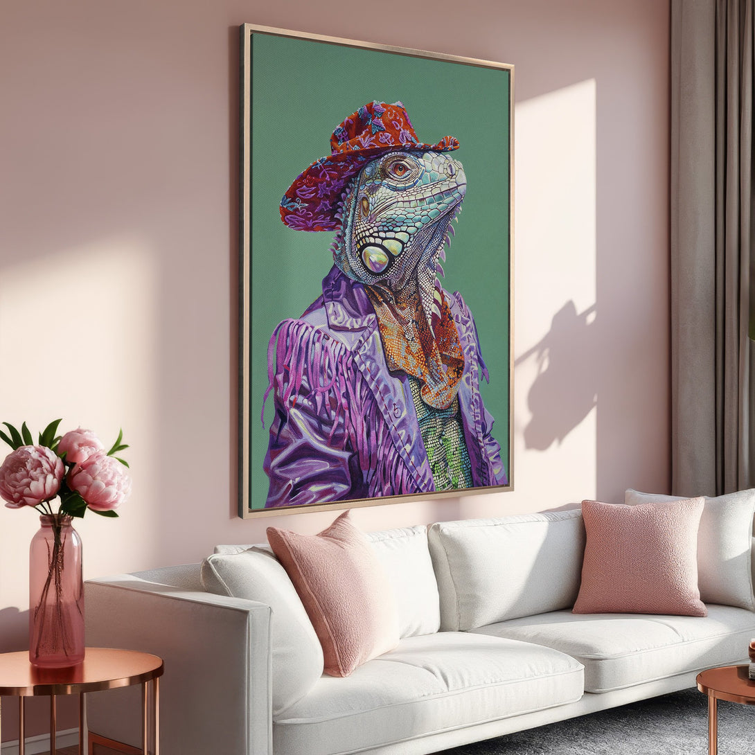 Framed Wall Art: Whimsical iguana portrait in a vibrant color palette of purple, green, and pink. Adds a unique touch to any interior. Shop now!