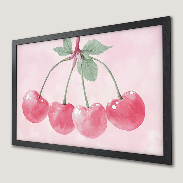 Framed Poster featuring watercolor cherries in pink tones. Perfect wall art for your kitchen or dining room!