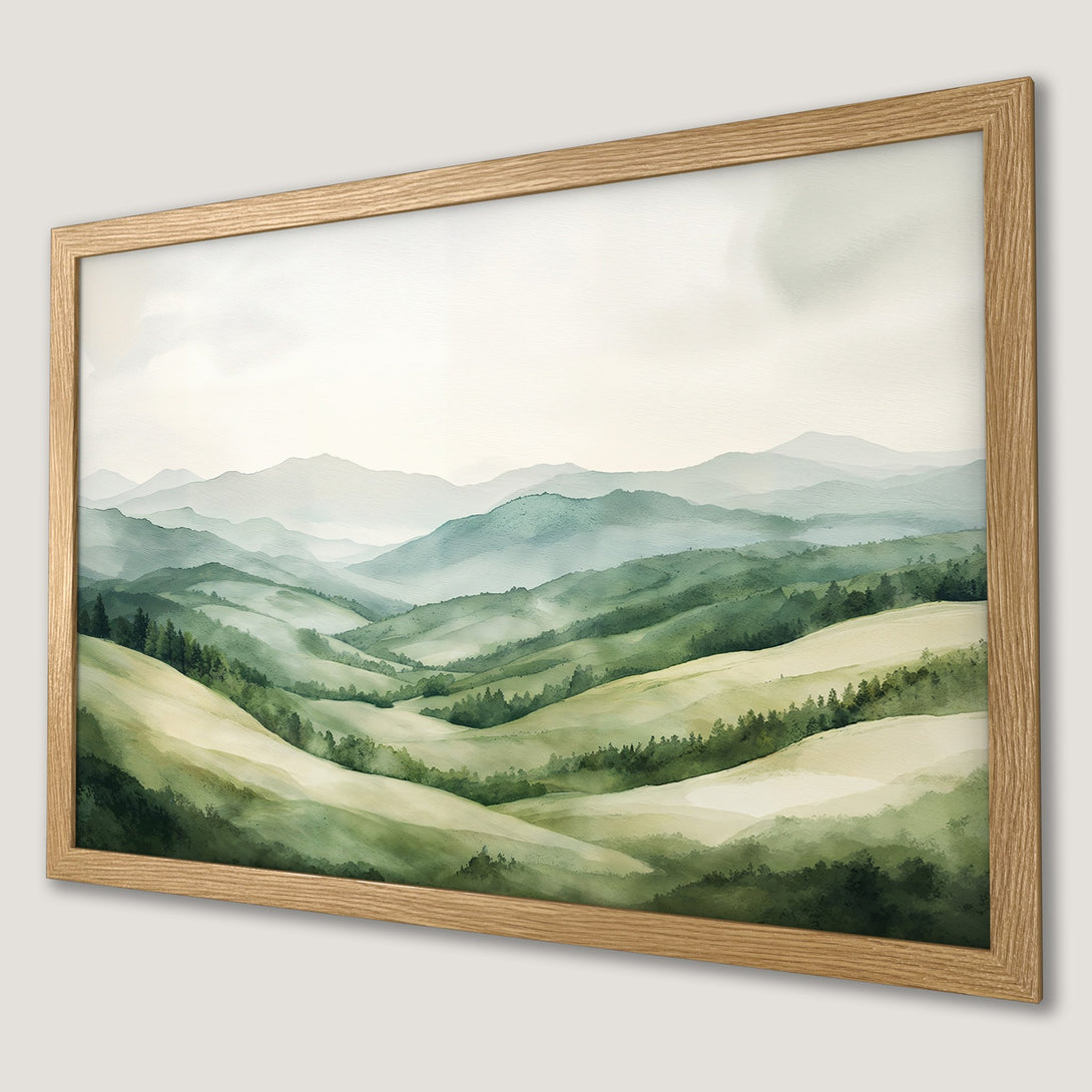 Framed Poster of watercolor landscape with green hills and mountains. Serene art print with a calming color palette.
