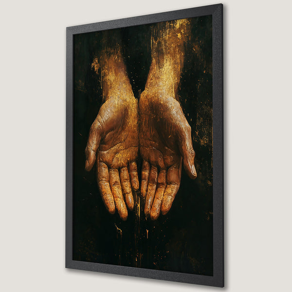 Framed Poster featuring an artistic depiction of hands, with a dark, gold and brown color palette. Perfect wall art.