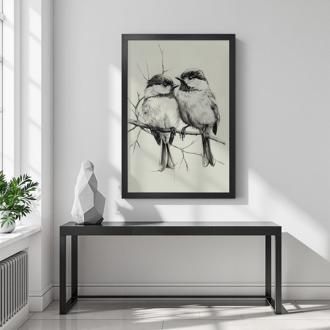 Framed Poster featuring two birds on a branch, minimalist black and white art print. Perfect for modern home decor.