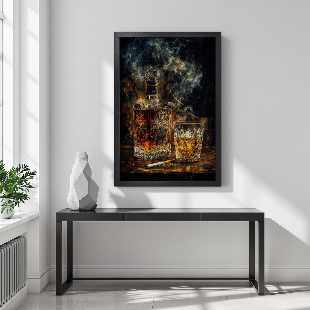 Framed Poster featuring whiskey bottle and glass with smoke, dark and moody art style, warm color palette.