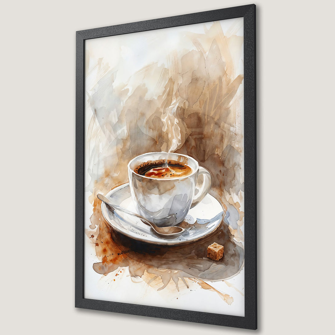 Framed Poster of watercolor coffee cup art. Warm brown and beige tones create a cozy, inviting aesthetic. Perfect wall decor!