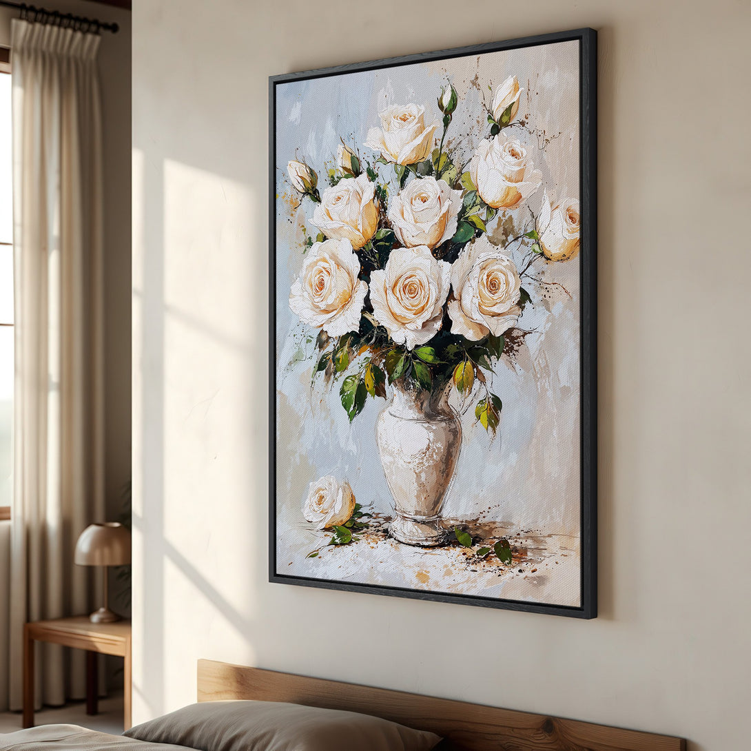 Framed Wall Art: Elegant floral canvas print featuring a bouquet of white roses in a vase. Soft, neutral color palette perfect for any interior.