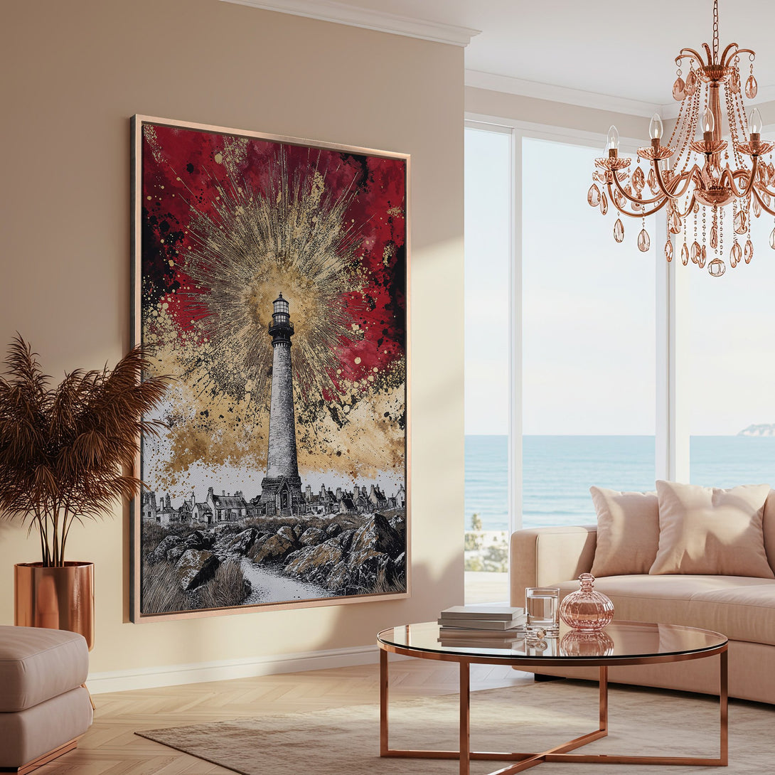 Framed Wall Art featuring a lighthouse, dramatic abstract style with red, gold, and black accents. Elevate your space with this stunning canvas print!