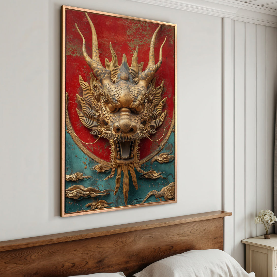 Framed Wall Art: Majestic golden dragon canvas print with a red & teal color palette. Elevate your space with this stunning, detailed artwork.
